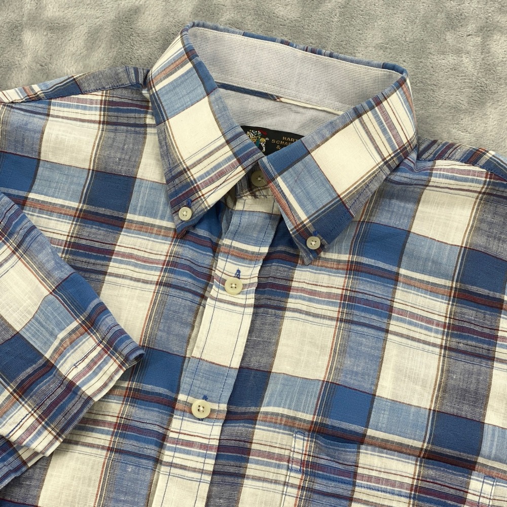 Hart Schaffner Marx Mens Large Blue Plaid Linen/Cotton Blend Short Sleeve Shirt